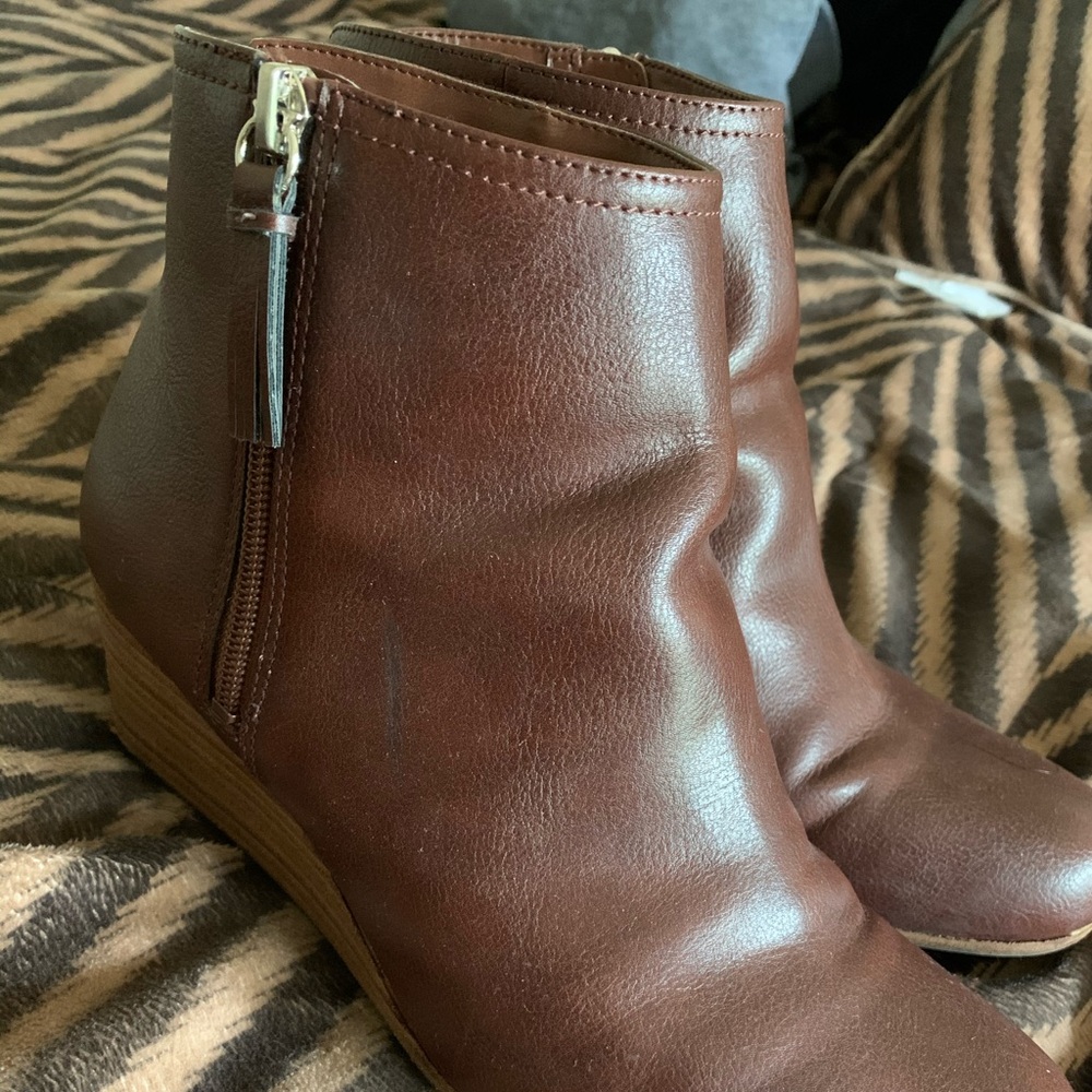 Brown wedged booties with zipper and back slit